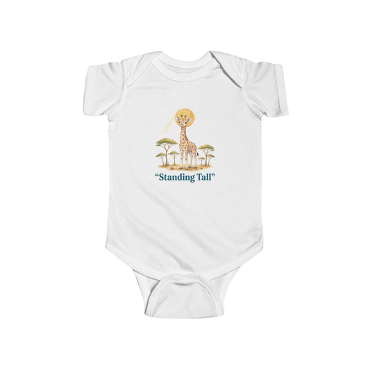 White baby onesie with a giraffe illustration and 'Standing Tall' text on a white background
