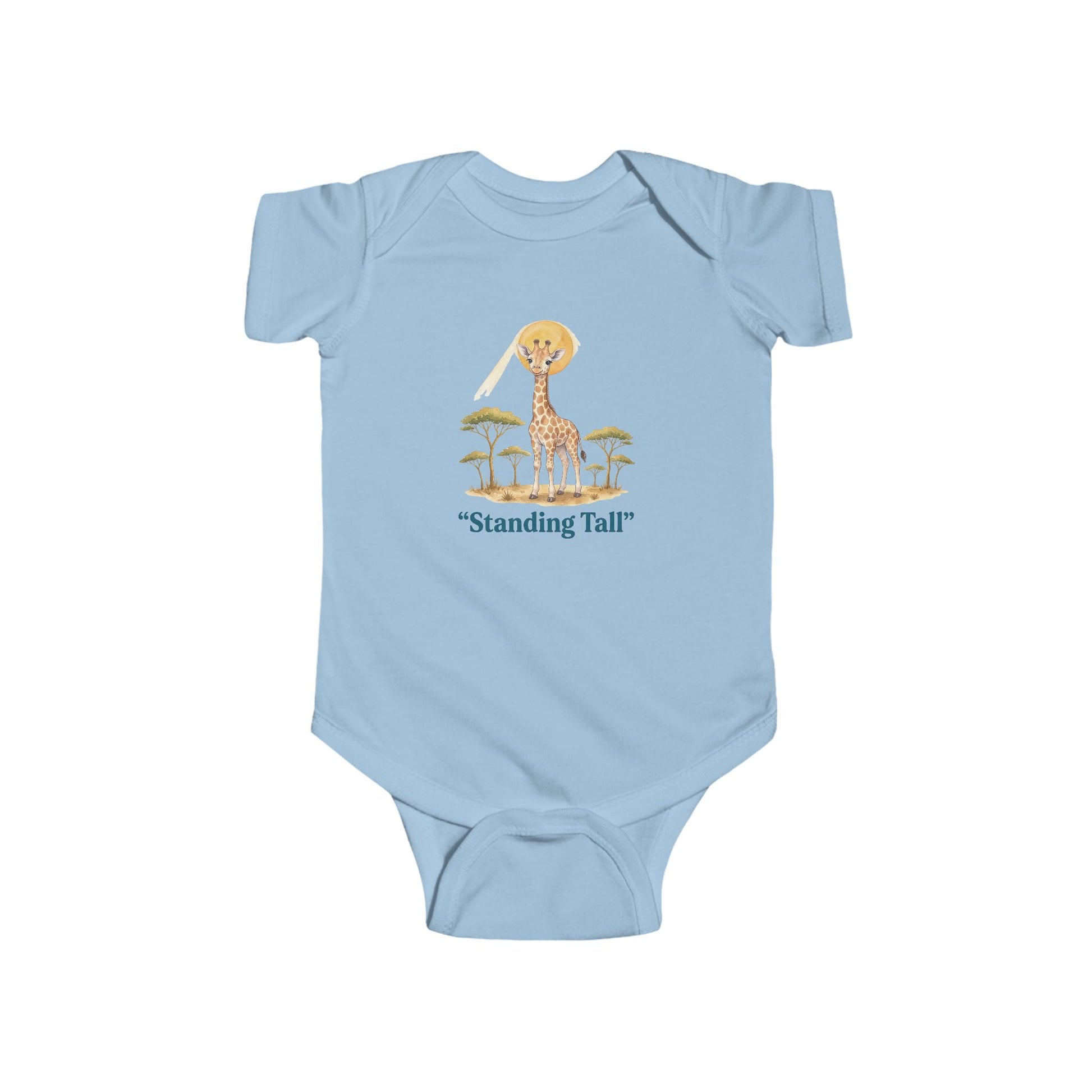 Light blue baby onesie with a giraffe graphic and text on a white background