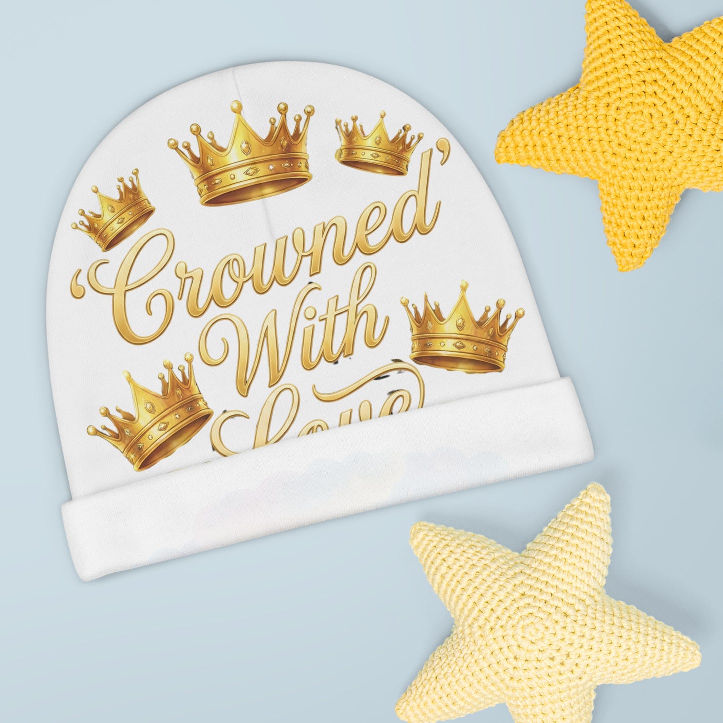 Baby Beanie — "Crowned With Love" Gold Crowns & Pastel Clouds Infant Hat