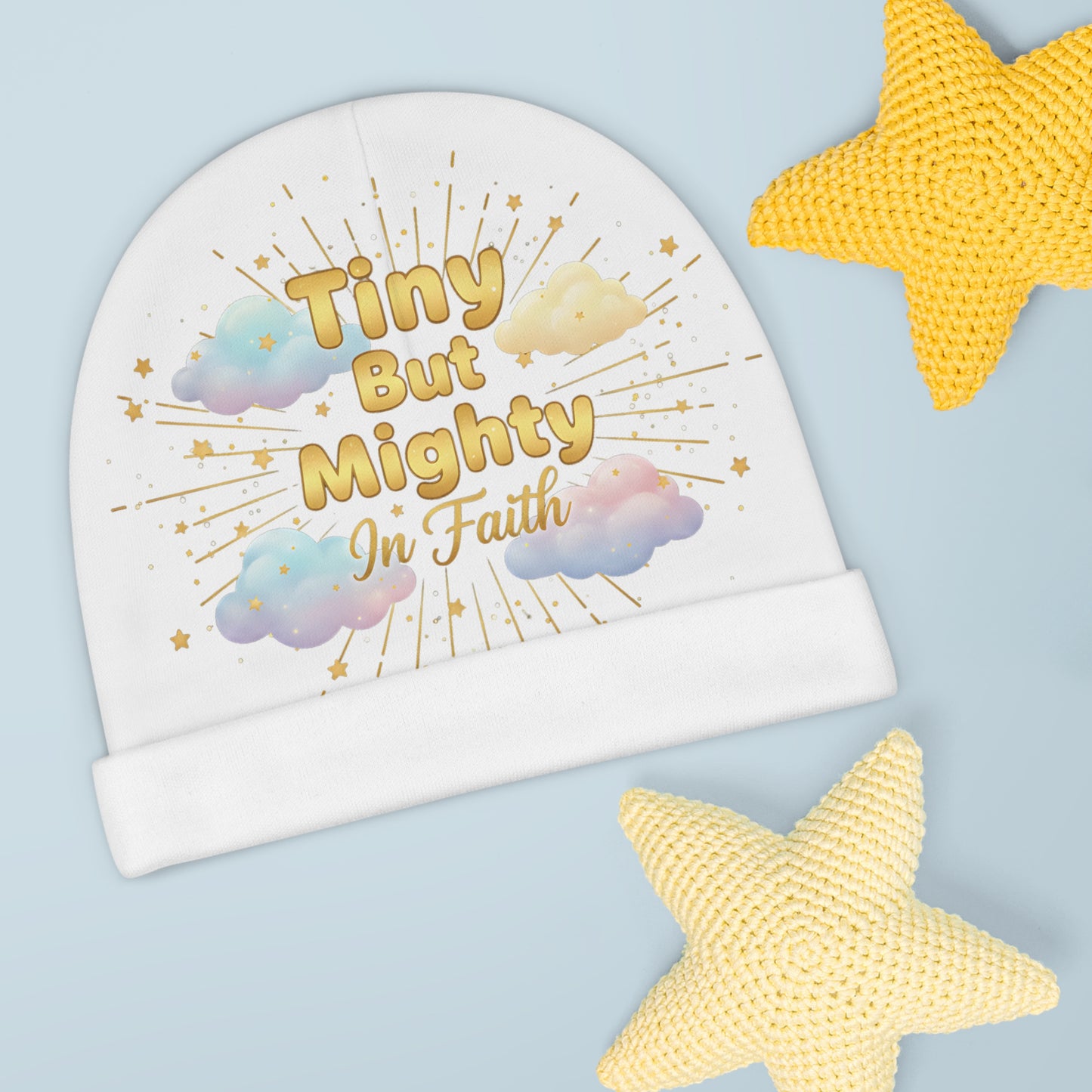 Tiny But Mighty In Faith Baby Beanie – Cute Pastel Cloud Infant Hat