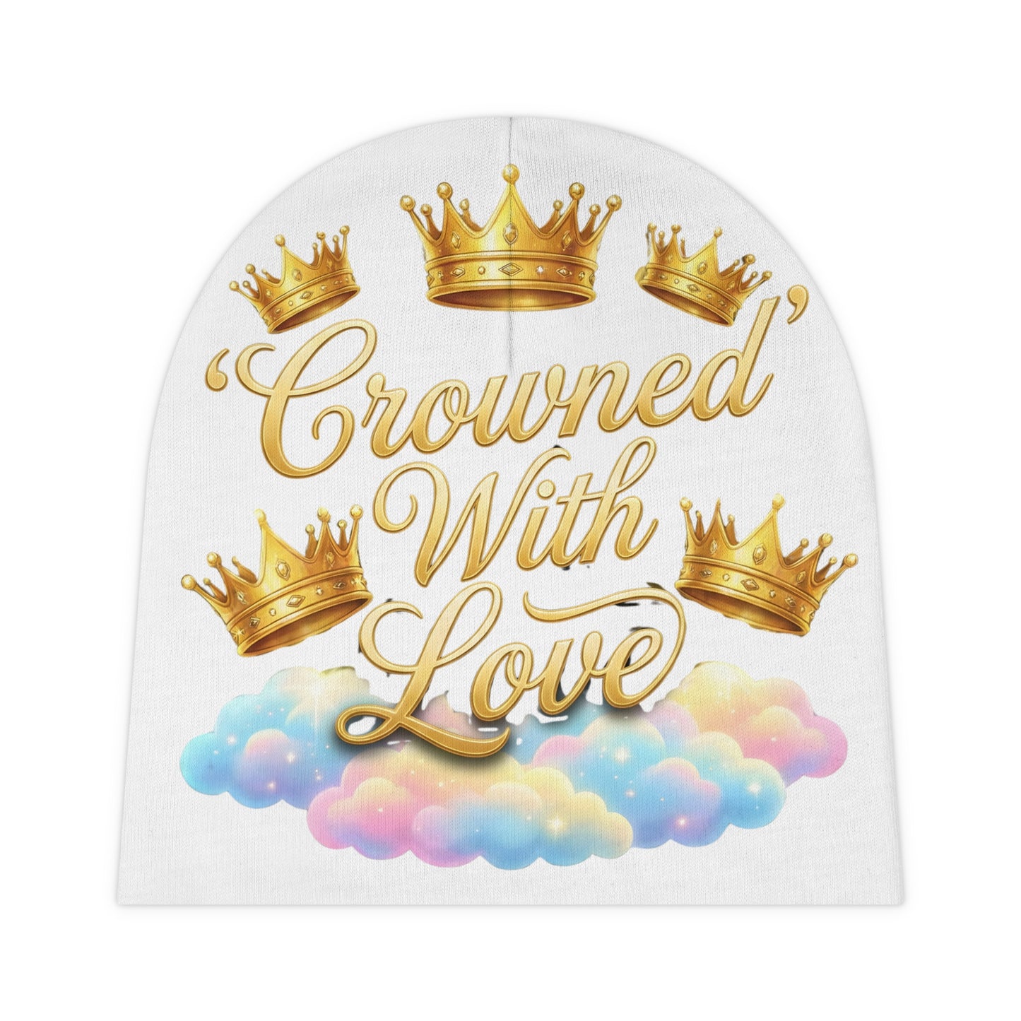 Baby Beanie — "Crowned With Love" Gold Crowns & Pastel Clouds Infant Hat