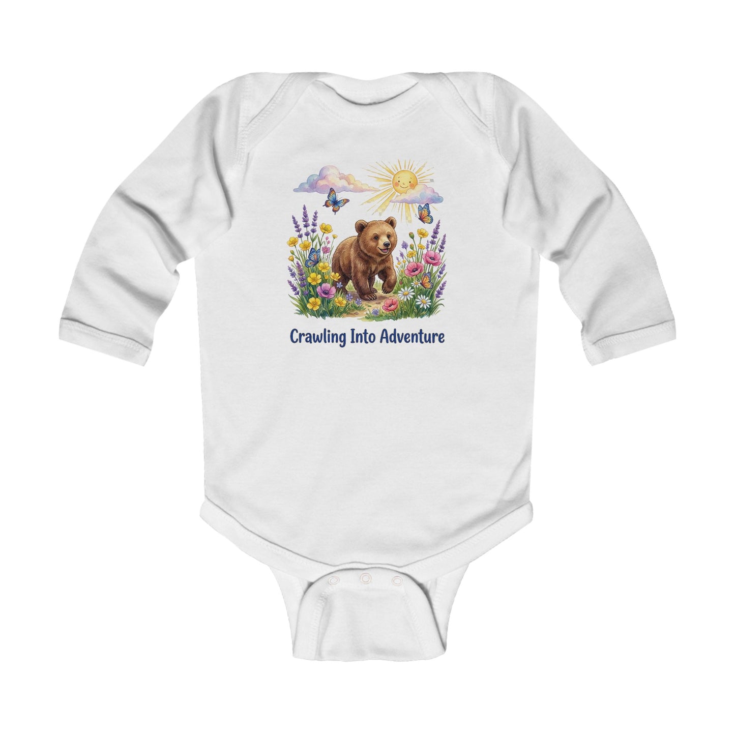 Infant Bodysuit - "Crawling Into Adventure" Bear & Wildflower Baby Onesie