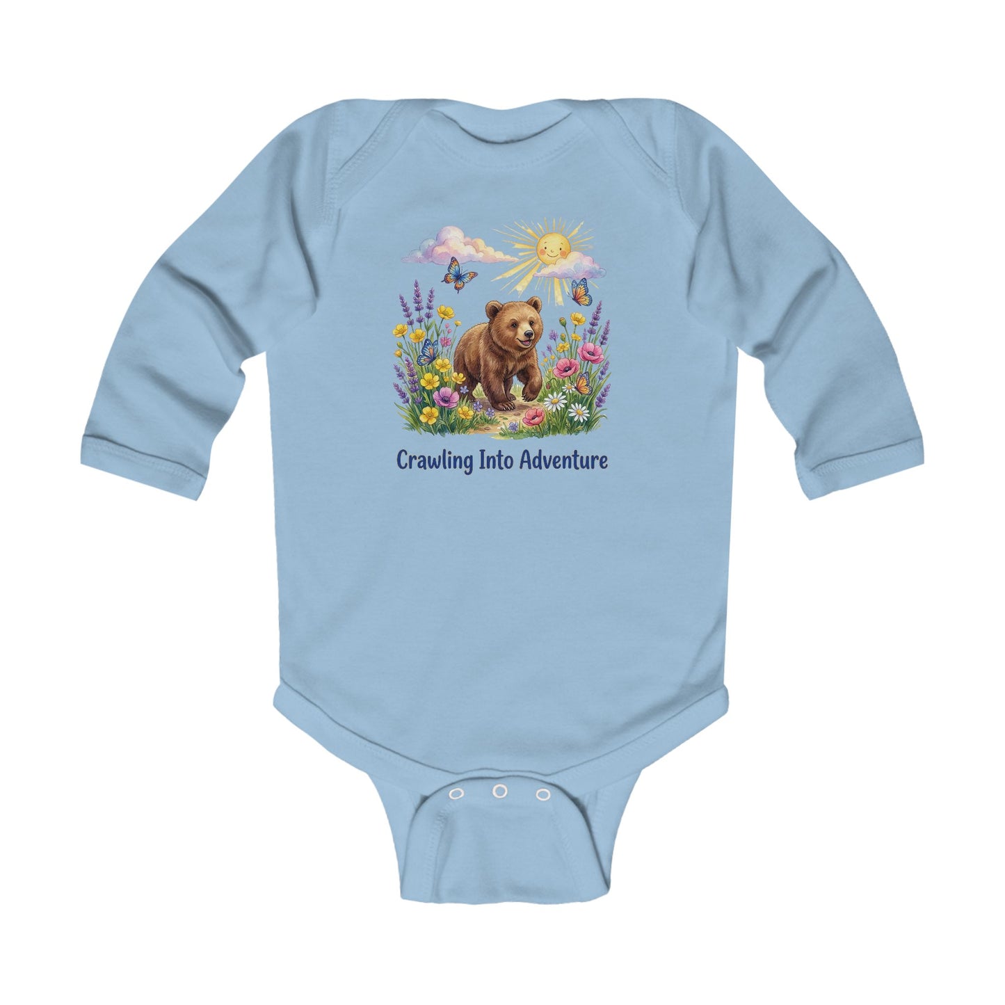 Infant Bodysuit - "Crawling Into Adventure" Bear & Wildflower Baby Onesie