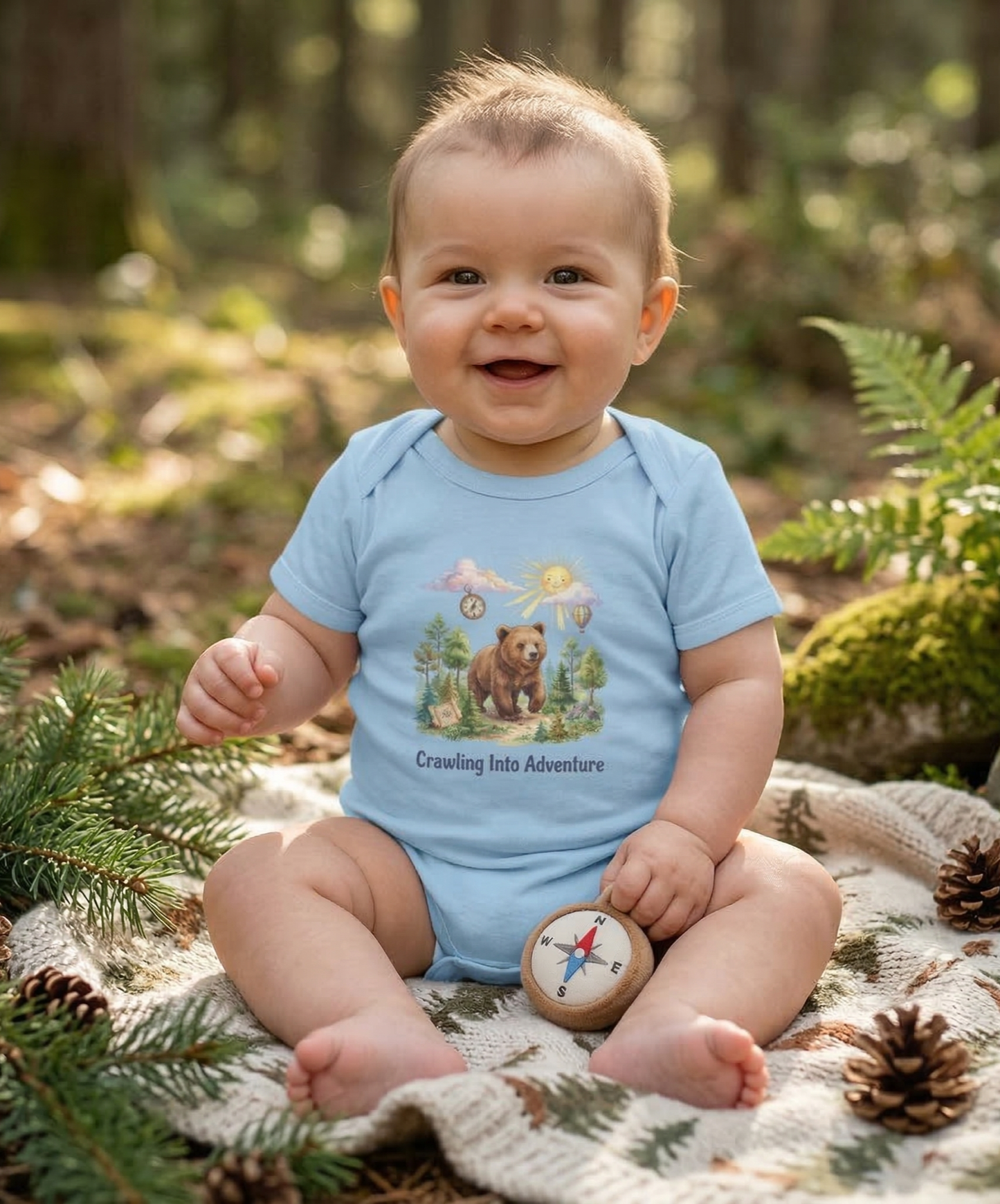 Infant Bodysuit - "Crawling Into Adventure" Bear & Wildflower Baby Onesie