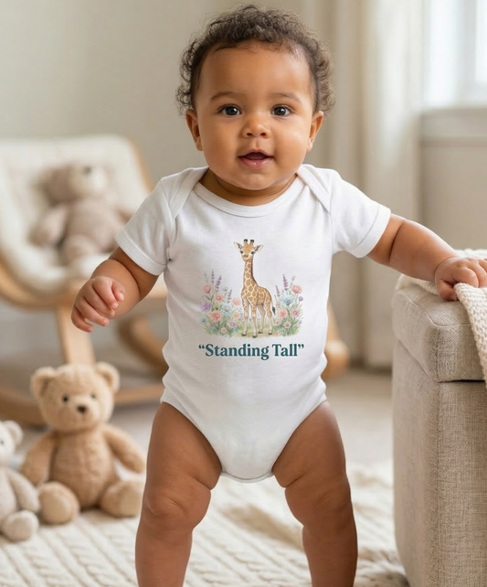 "Standing Tall" - Giraffe Infant Bodysuit — Cute Baby Onesie with Floral Design