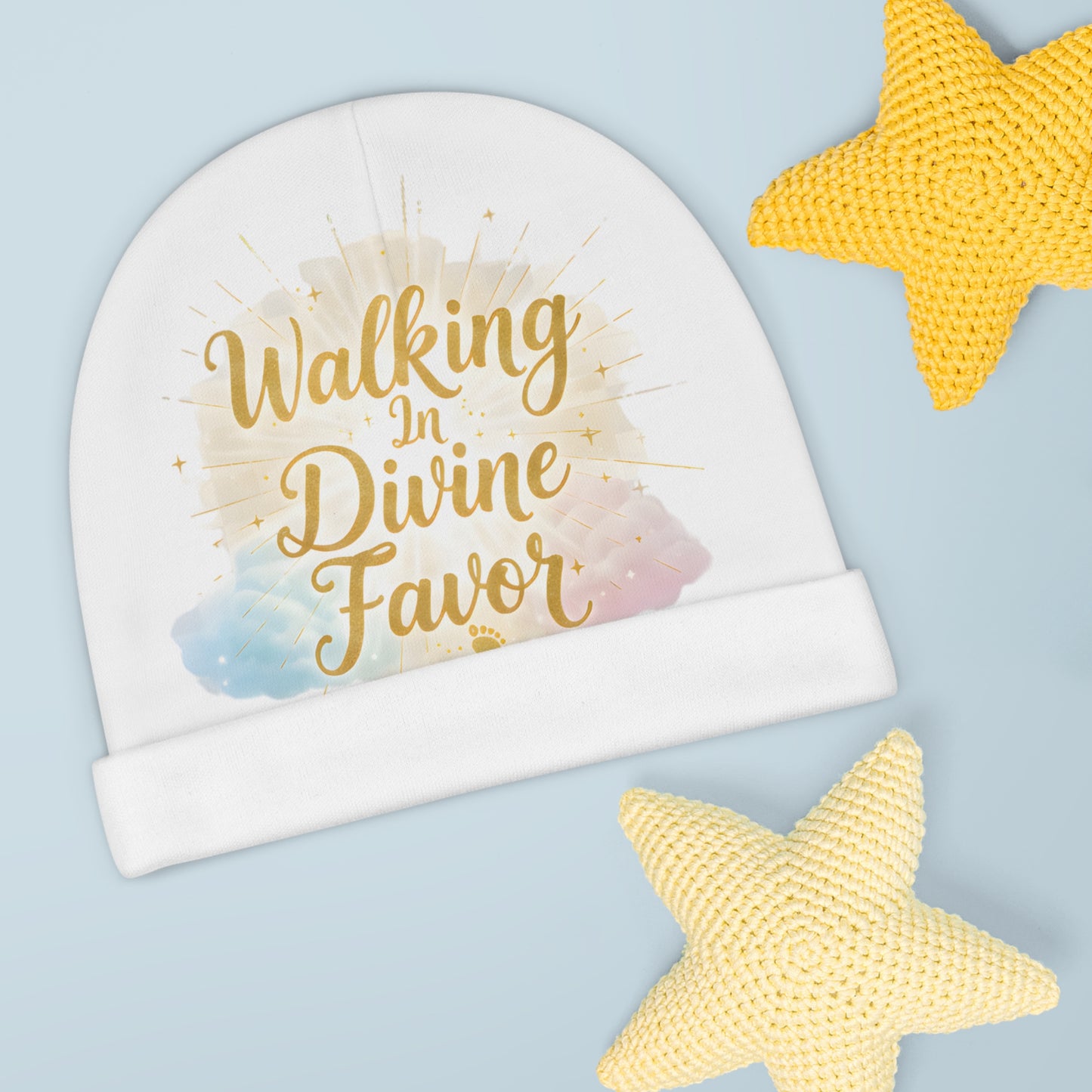 Baby Beanie — "Walking In Divine Favor" Gold Script Newborn Hat