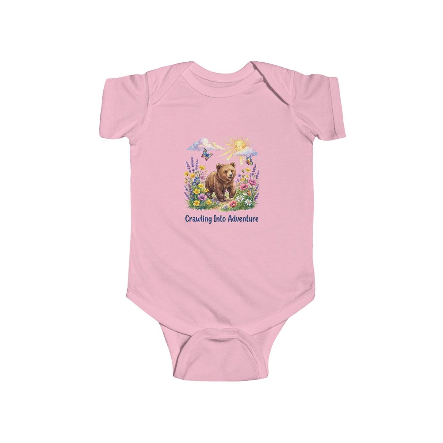 Pink baby onesie with a bear and floral design on a white background