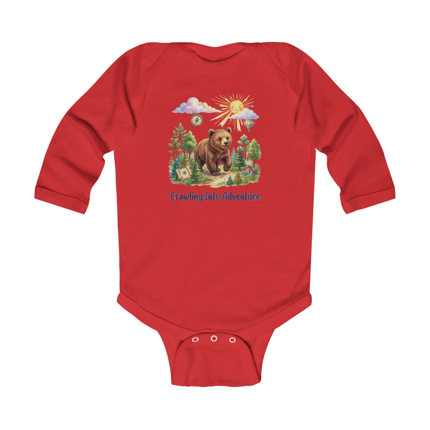 Red baby onesie with a bear graphic and 'Traveling into Adventure' text on a white background