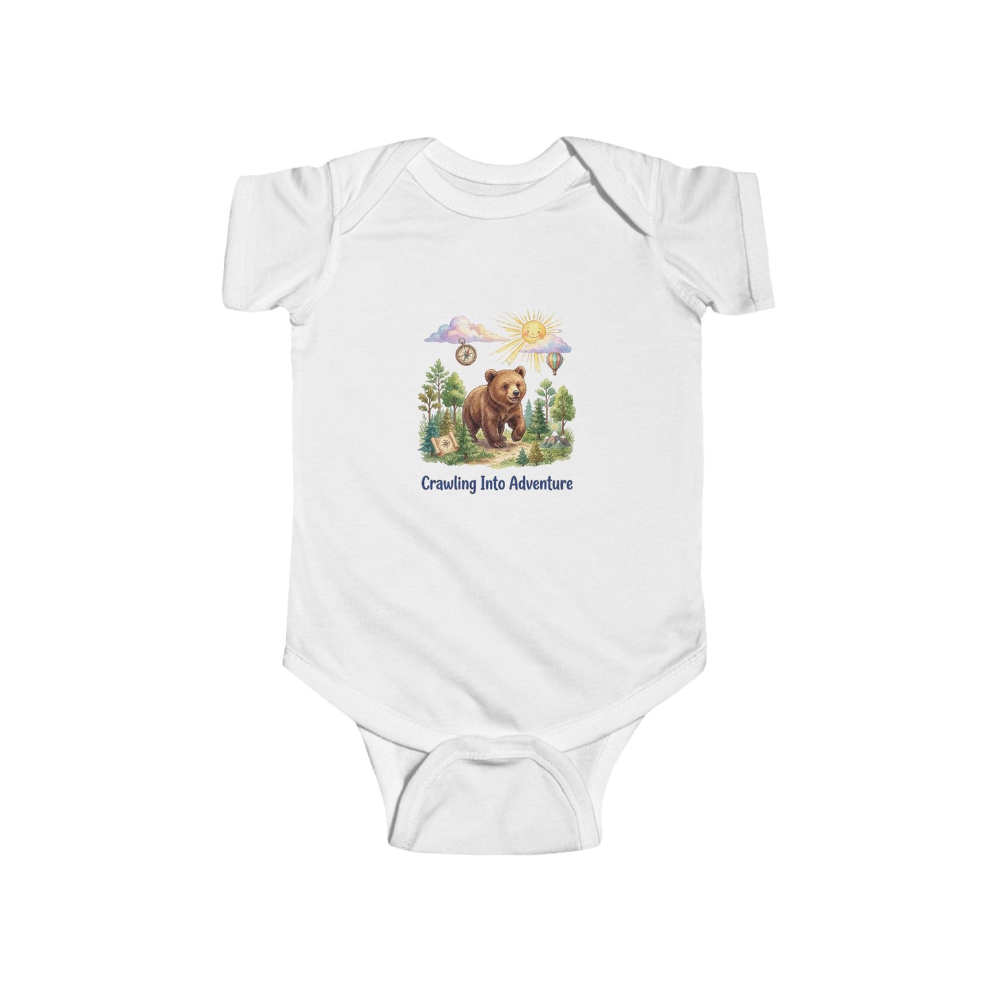 White baby onesie with a bear graphic and text on a white background
