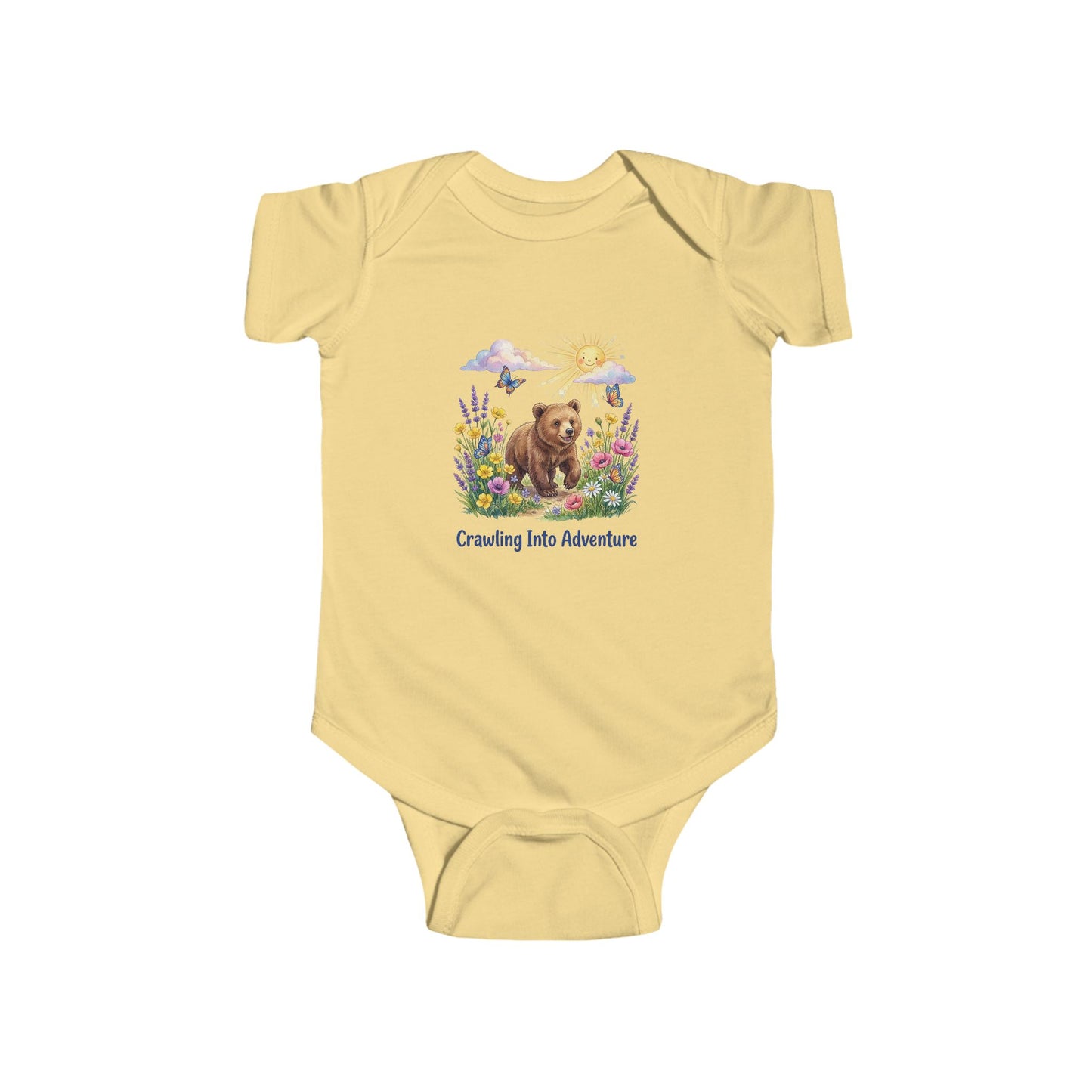 Yellow baby onesie with a bear and floral design on a white background