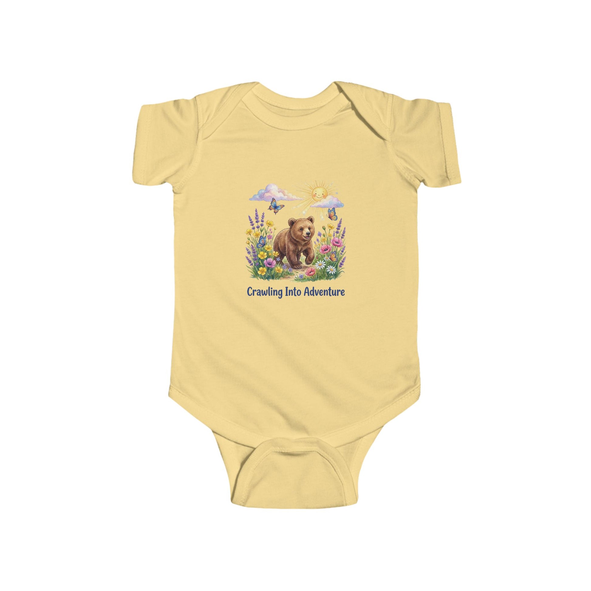 Yellow baby onesie with a bear and floral design on a white background