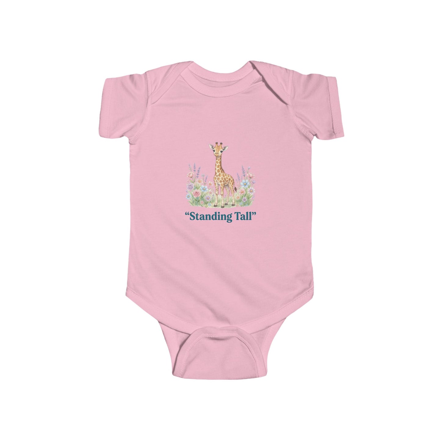 Pink baby onesie with a giraffe illustration and 'Standing Tall' text on a white background