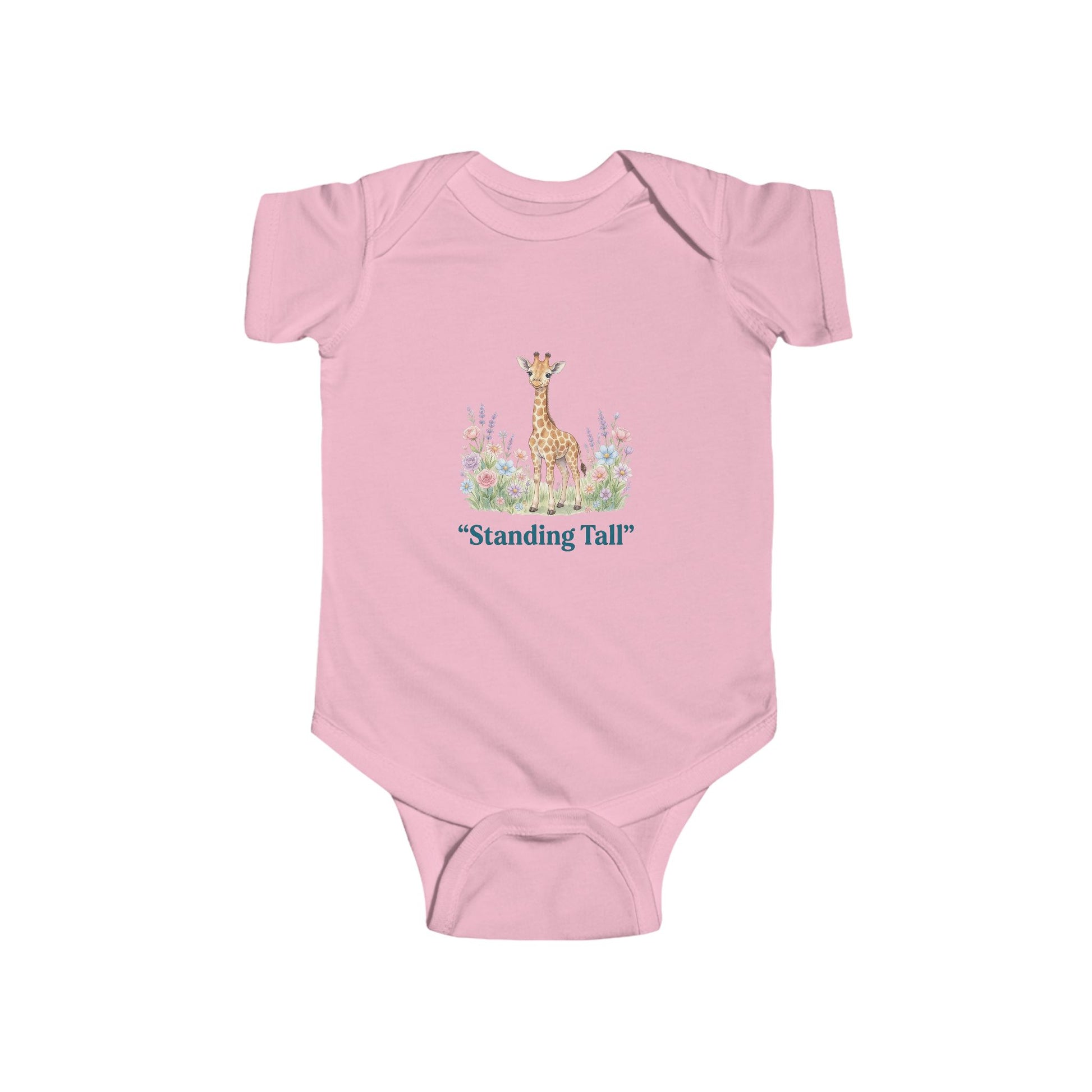 Pink baby onesie with a giraffe illustration and 'Standing Tall' text on a white background