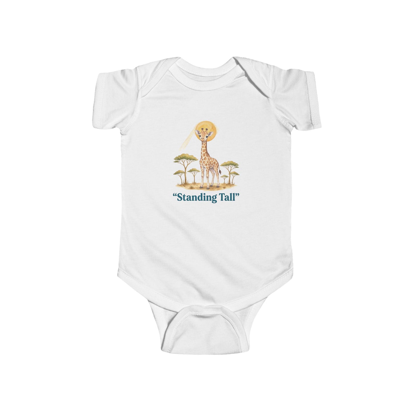 White baby onesie with a giraffe illustration and 'Standing Tall' text on a white background