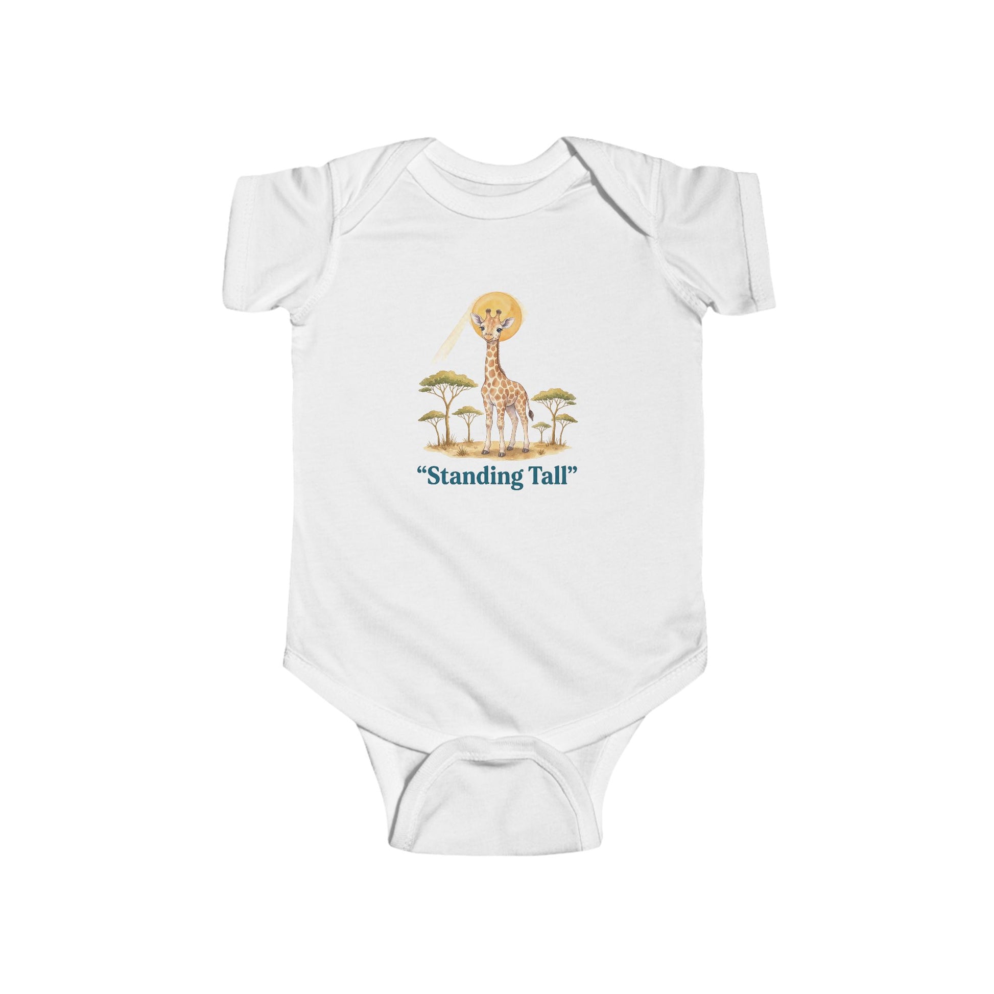 White baby onesie with a giraffe illustration and 'Standing Tall' text on a white background