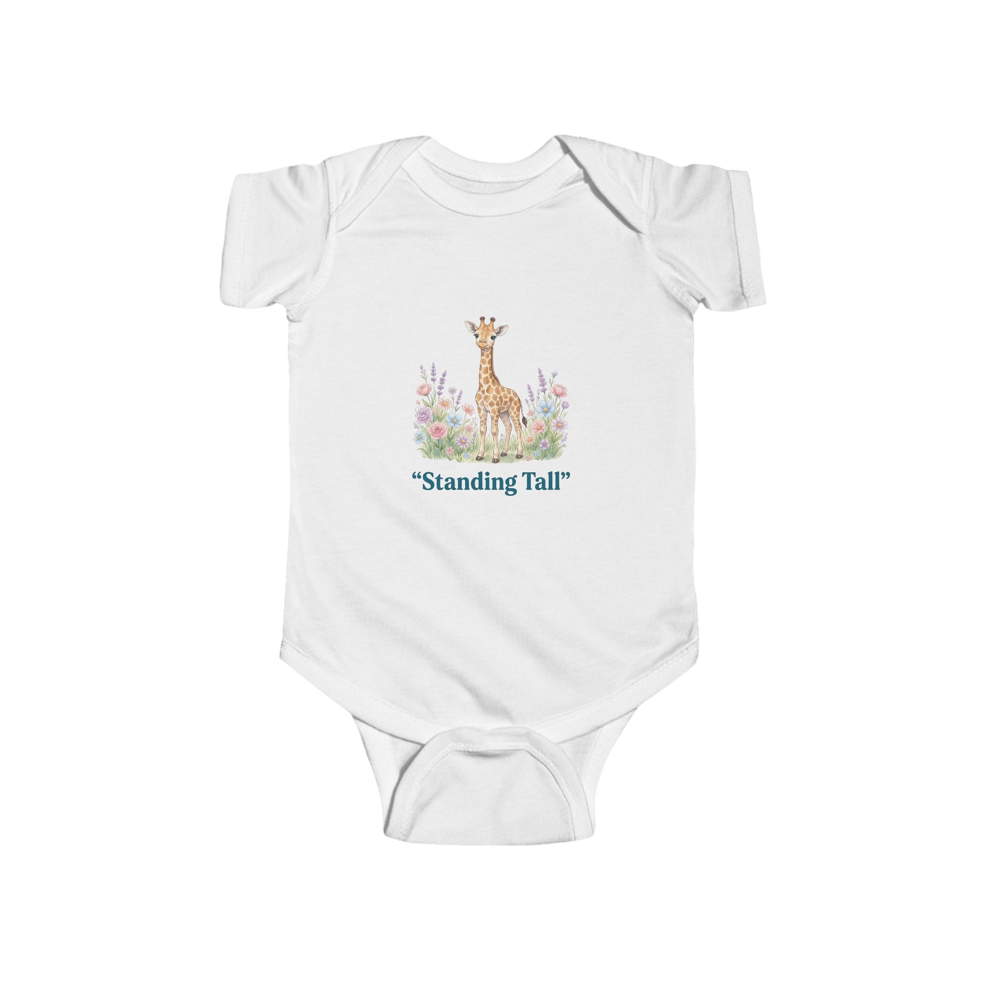 White baby onesie with a giraffe illustration and 'Standing Tall' text on a white background