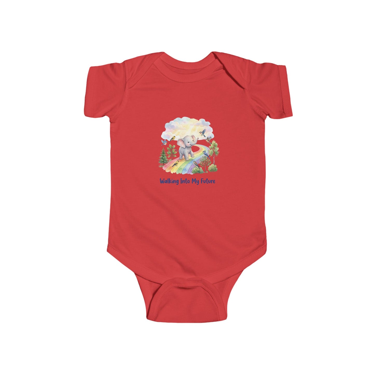 Red baby onesie with a printed design on a white background