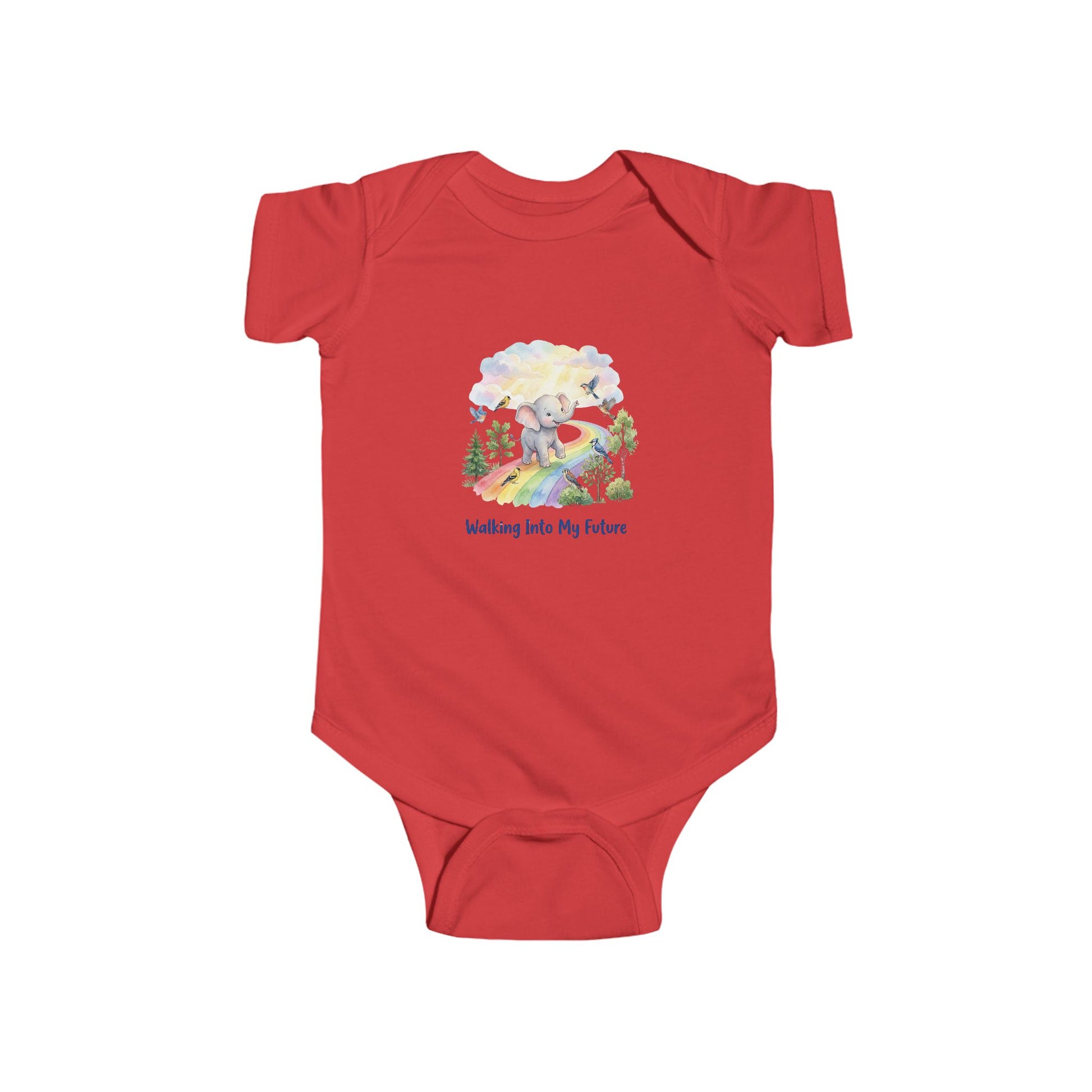 Red baby onesie with a printed design on a white background
