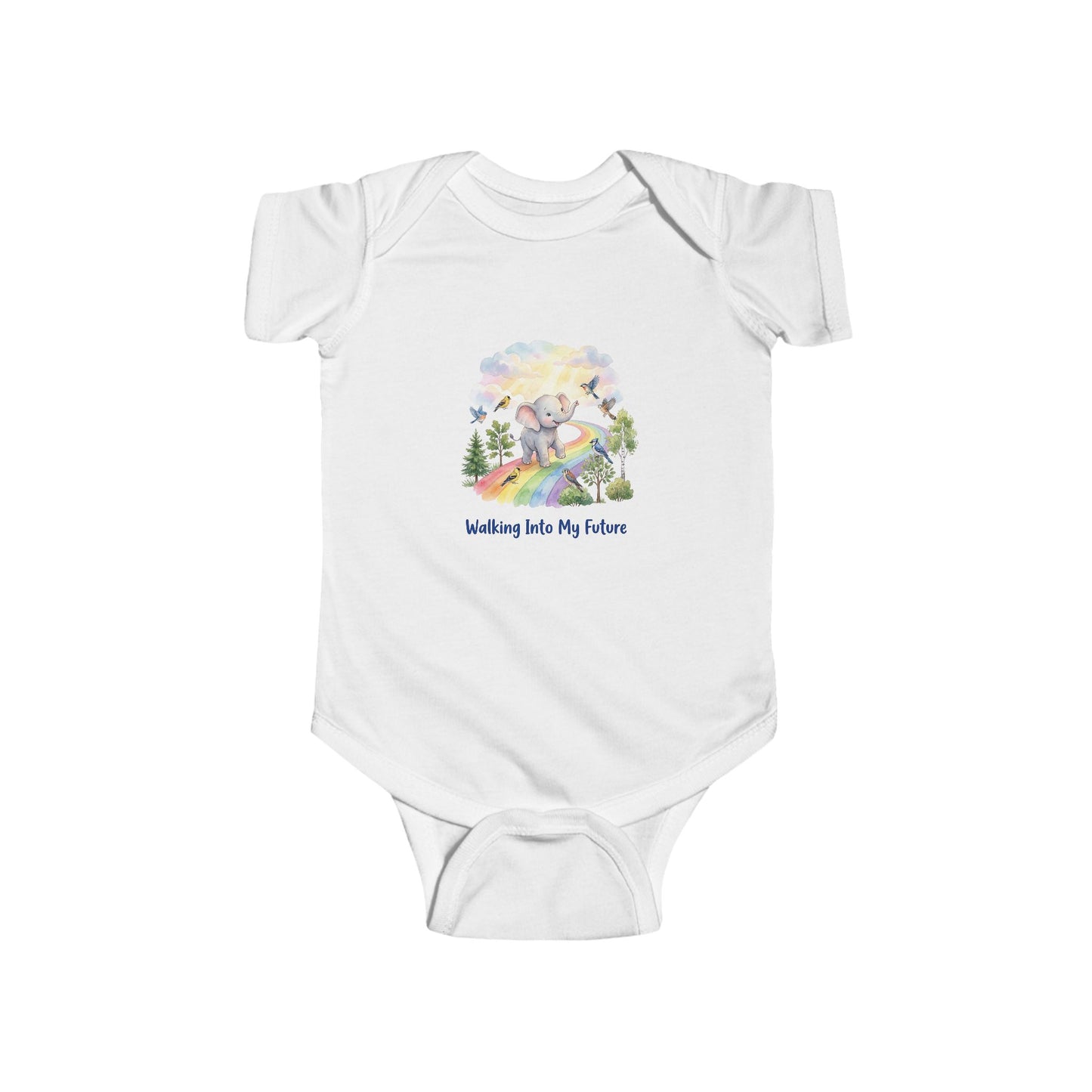 White baby onesie with a colorful graphic and text on a white background