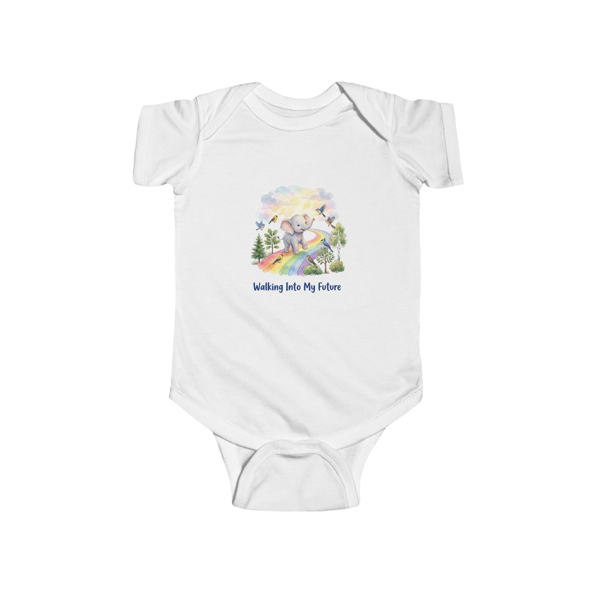White baby onesie with a colorful graphic and text on a white background
