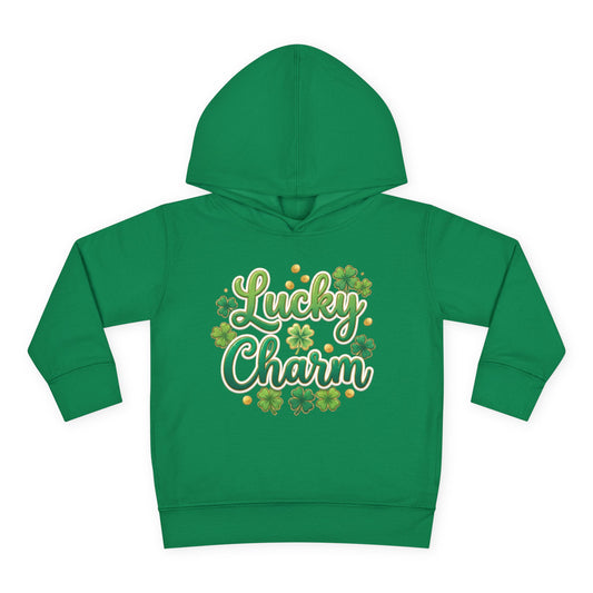 Green hoodie with 'Lucky Charm' text and shamrock design on a white background